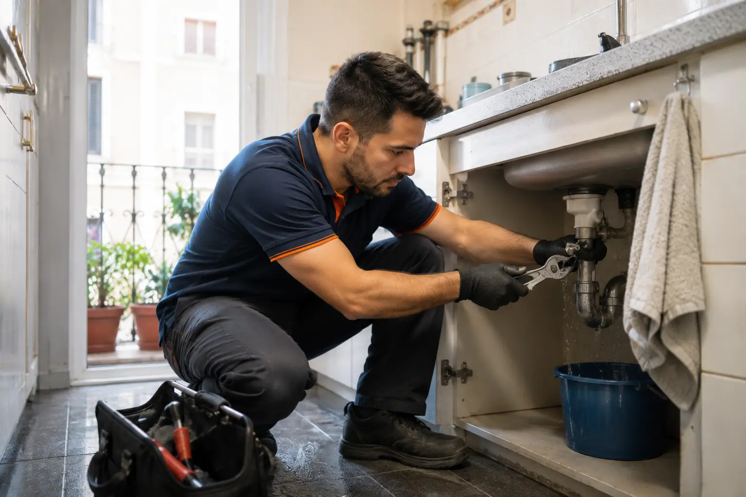 Fontanero atendiendo una fuga de agua en un domicilio de Barcelona