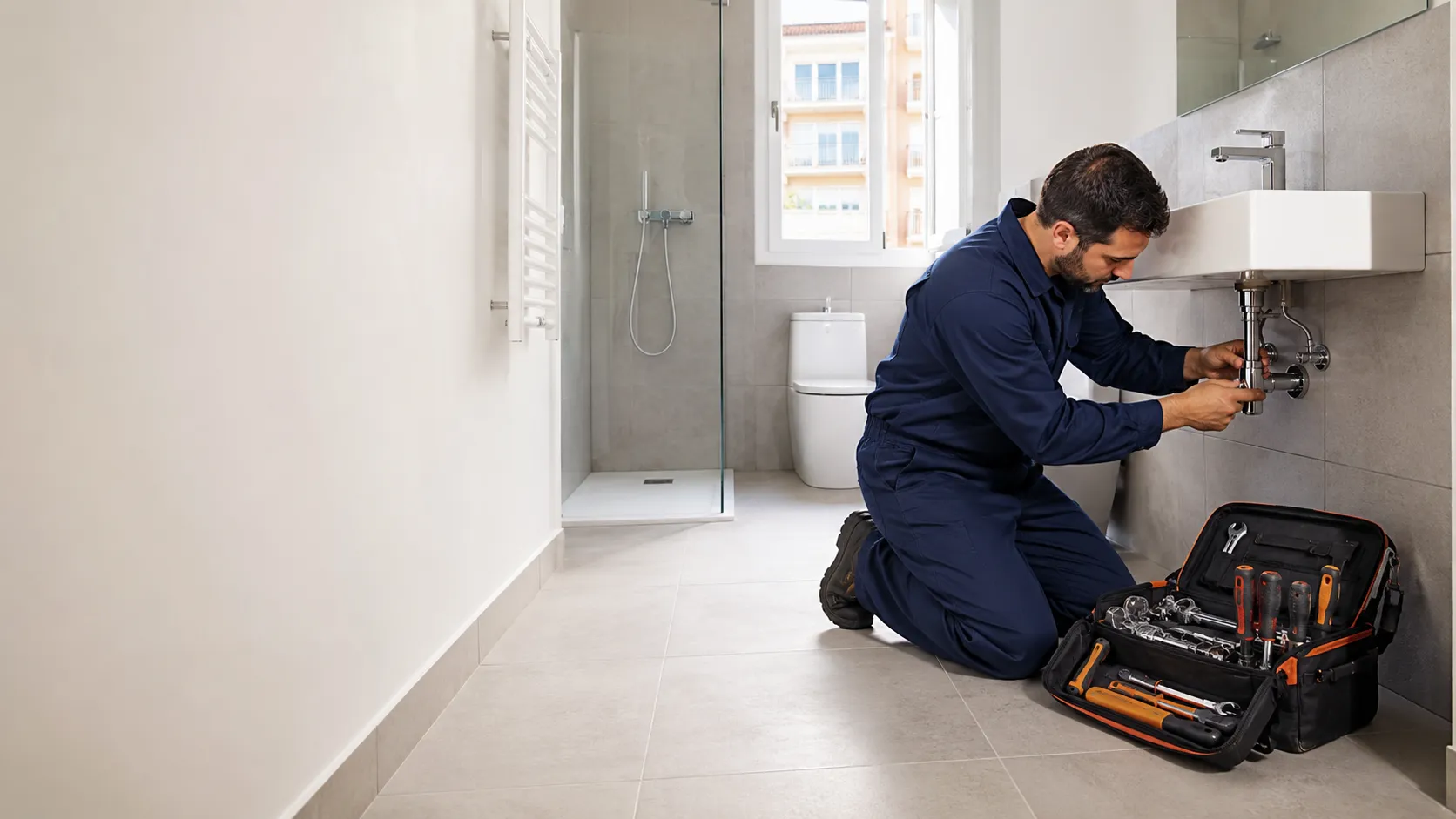 Fontanero reparando el sifón de un lavabo en un baño de Barcelona